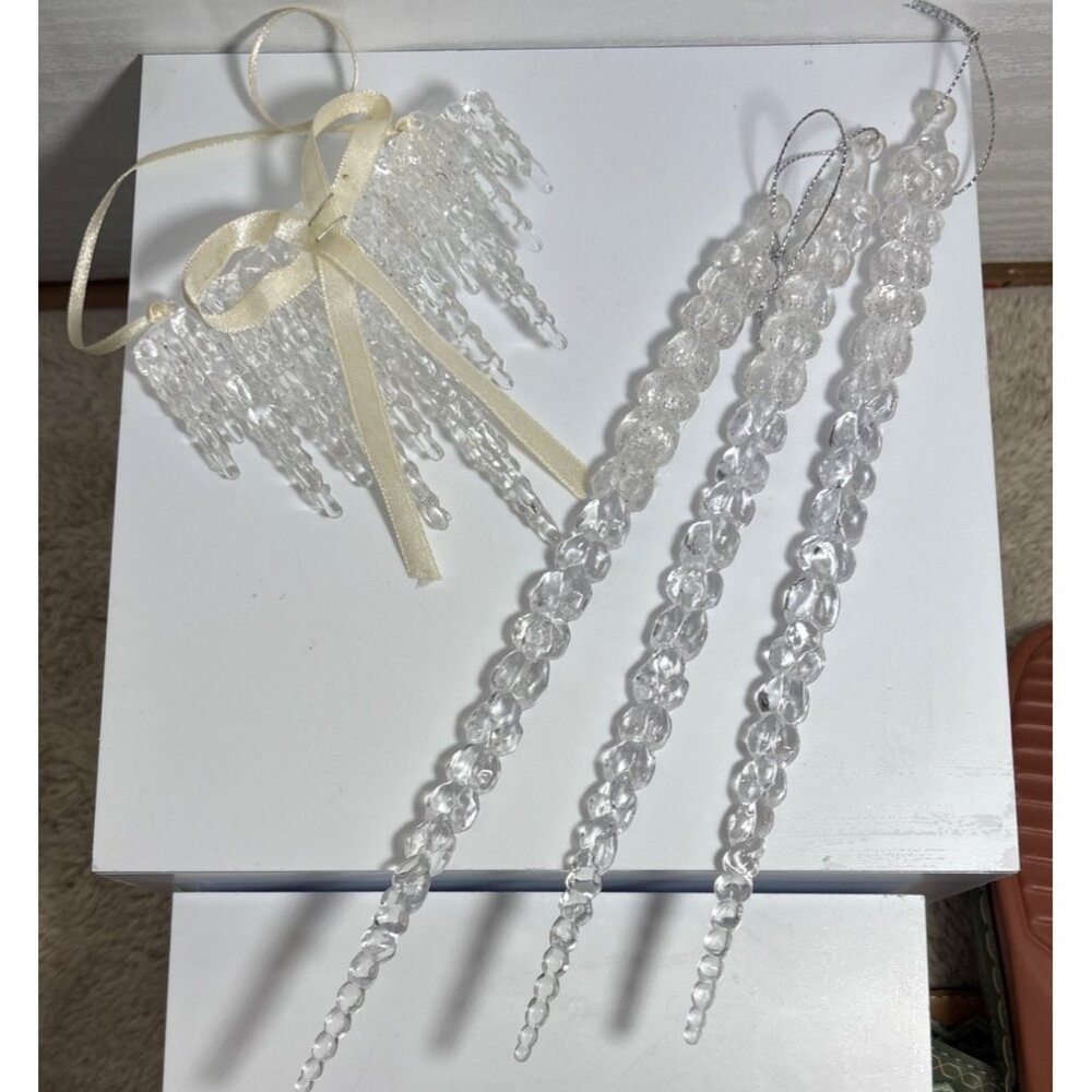 Clear Acrylic Icicle Christmas Ornaments With Ribbon Lg Icicles 9"
